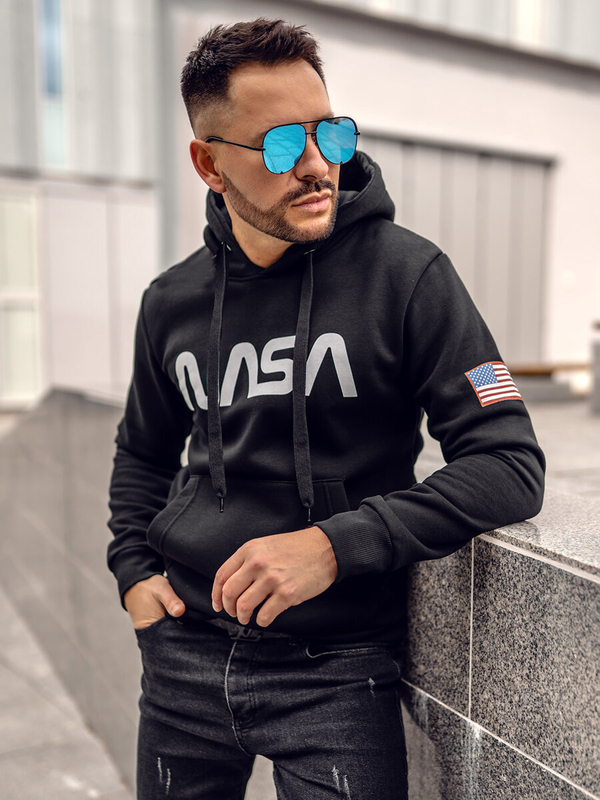 Čierna pánska mikina s kapucňou, potlačou a klokaním vreckom Bolf 14600A