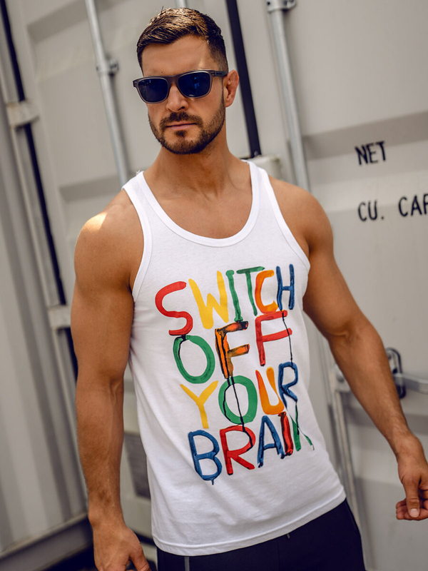 Biele pánske tank top tričko boxerského strihu s potlačou Bolf 14837A