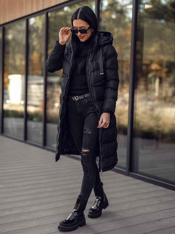 Čierna dámska dlhá prešívaná zimná bunda s kapucňou Bolf 5M736